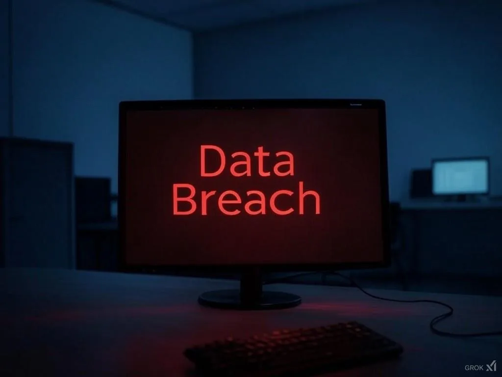 Image représentant un ordinateur avec inscrit sur L'ecran Data breach en relation avec la breche Google Leak de 2024