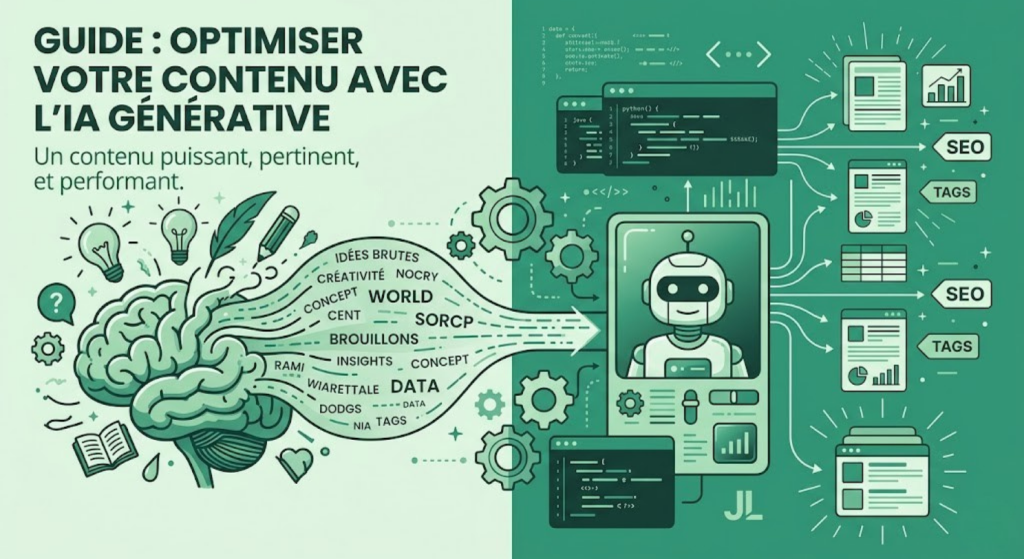 llustration conceptuelle montrant un cerveau humain générant des idées brutes, transformées par une interface d'IA en contenu structuré et optimisé pour le SEO.