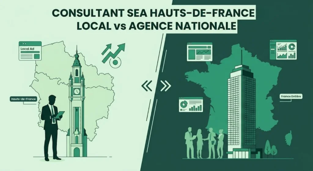 Illustration conceptuelle montrant un les comparaison entre un consultant sea avec la région hauts de france derrière lui et une agence sea nationnale avec le territoire français complet derrière lui.