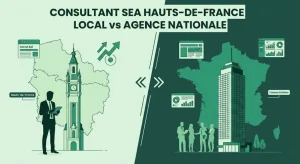 Illustration conceptuelle montrant un les comparaison entre un consultant sea avec la région hauts de france derrière lui et une agence sea nationnale avec le territoire français complet derrière lui.
