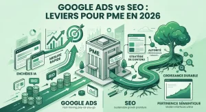 Illustration conceptuelle montrant les différences d'utilisation entre les leviers d'acquisition google ads et le SEO pour les PME en 2026