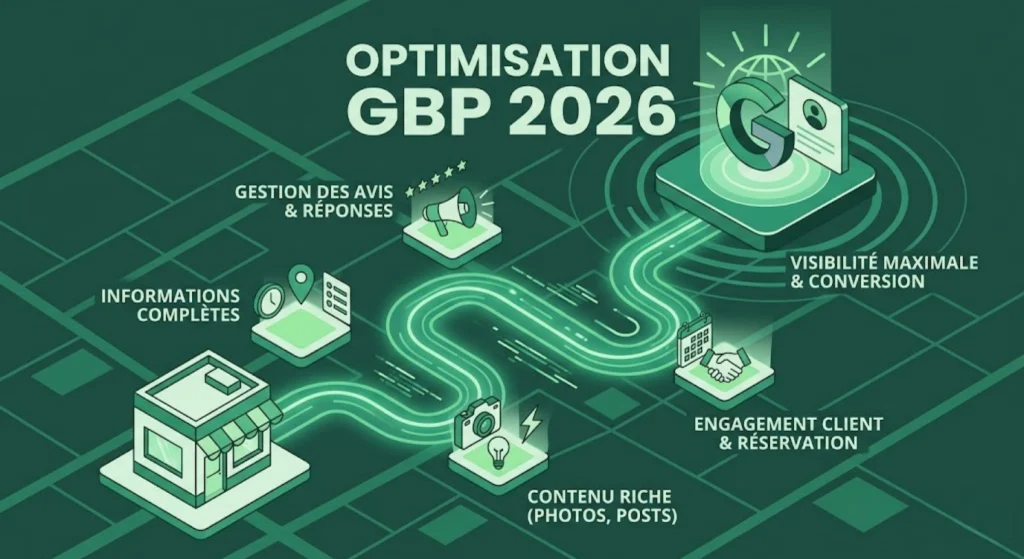 Illustration conceptuelle montrant les étapes et le chemin à parcourir pour que les entreprises optimisent leurs fiches google my business en 2026