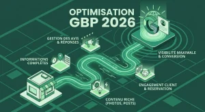 Illustration conceptuelle montrant les étapes et le chemin à parcourir pour que les entreprises optimisent leurs fiches google my business en 2026