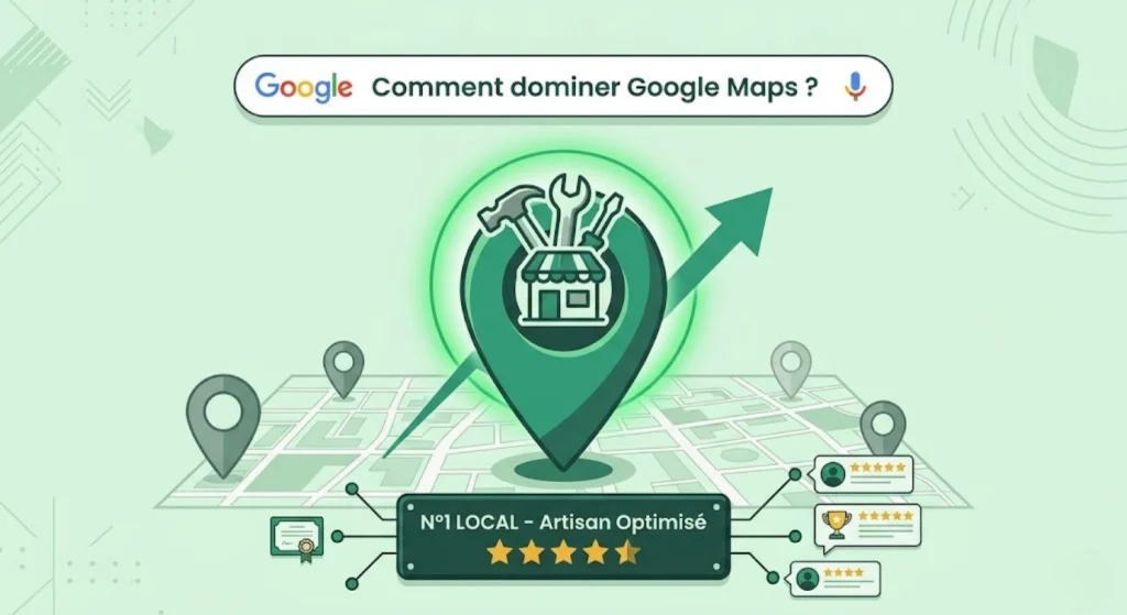 Illustration conceptuelle mettant en exergue la fiche et les critères d'amélioration de positionnement local d'un artisan sur google maps